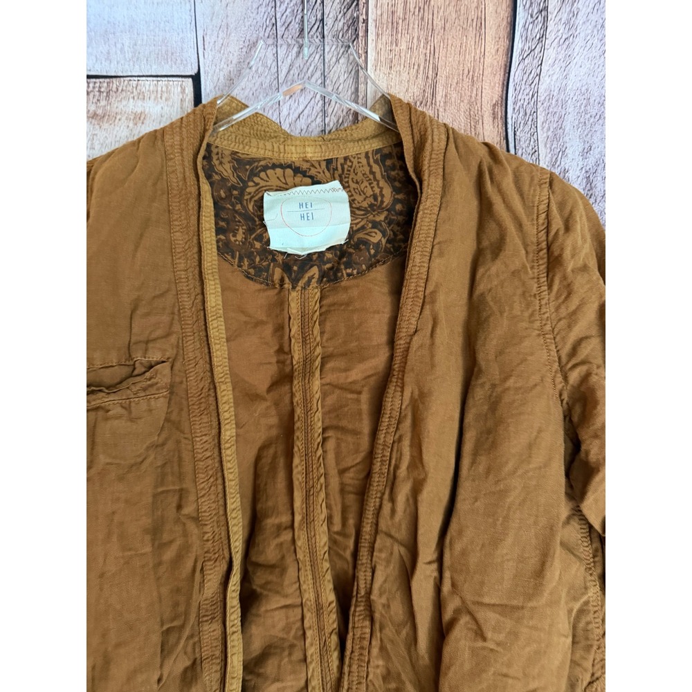 Hei Hei Anthropologie Linen Blend Boho Open Front Jacket Brown Boho Fall Small - Picture 3 of 9